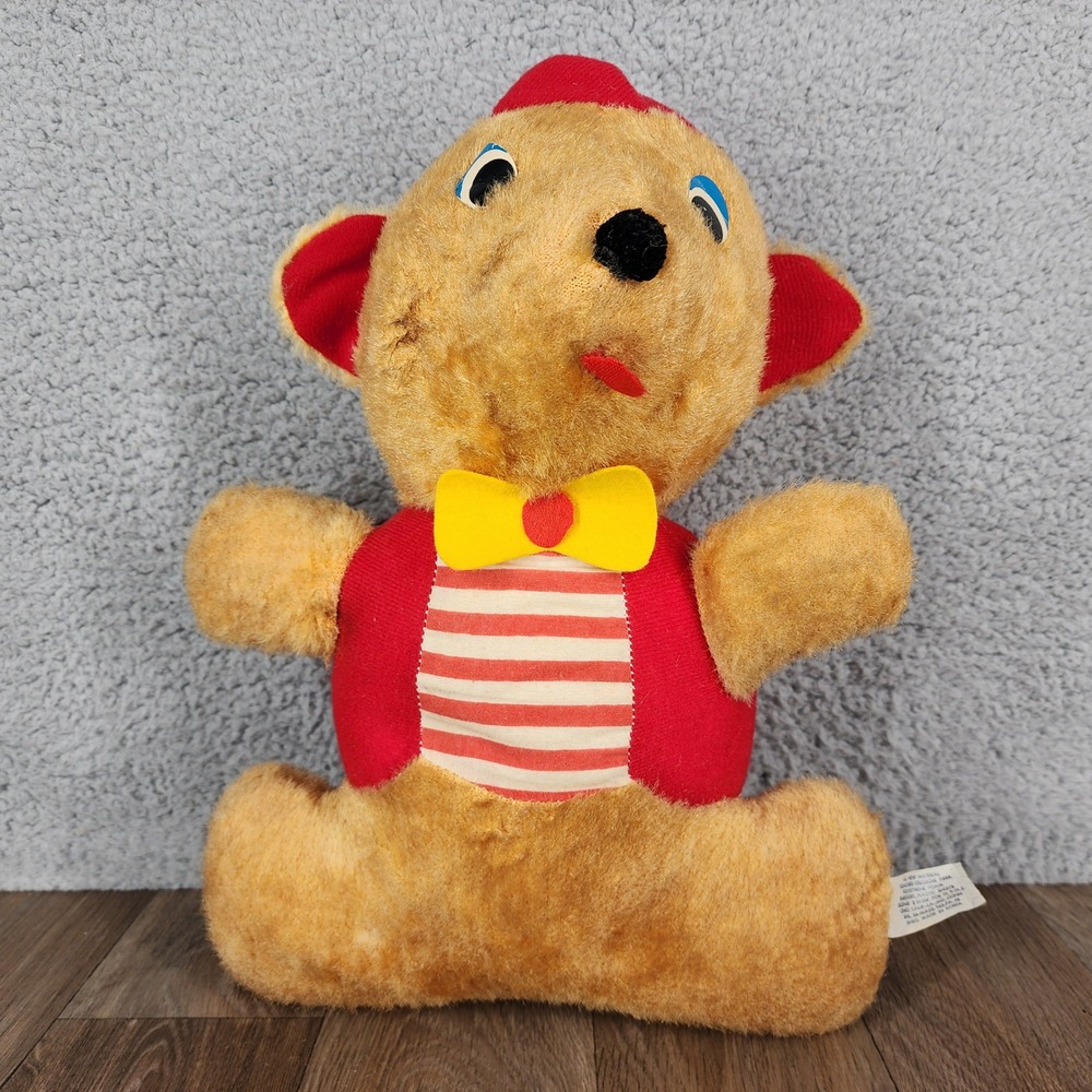 Vintage Teddy Bear Plush Red Striped Vest Yellow Bow Tie 14 Inch Korea Made